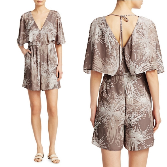Halston Heritage Flutter Sleeve Printed Romper In Thyme Chrysanthemum Print12.